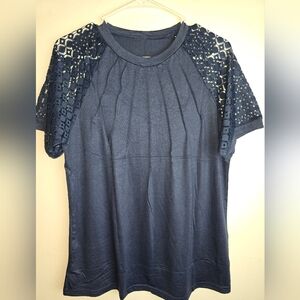 Navy Blue Lace Sleeve Women's Top Large